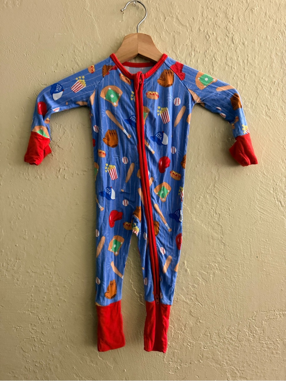 Little Sleepies Blue Baseball-Print Footie Pajamas with Red Trim